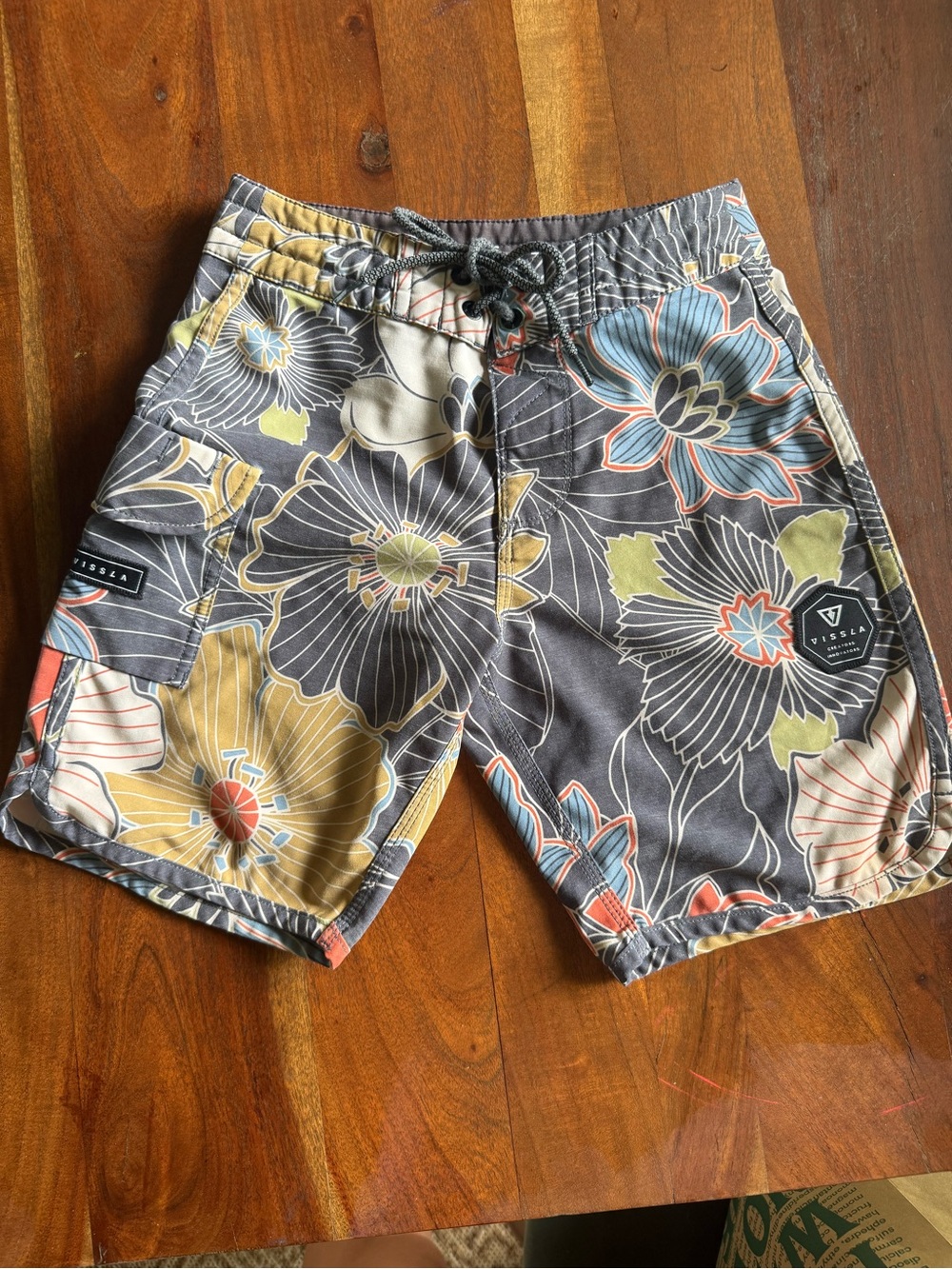 VISSLA Kids Floral Swim Trunks in Gray, Yellow, Blue, Coral